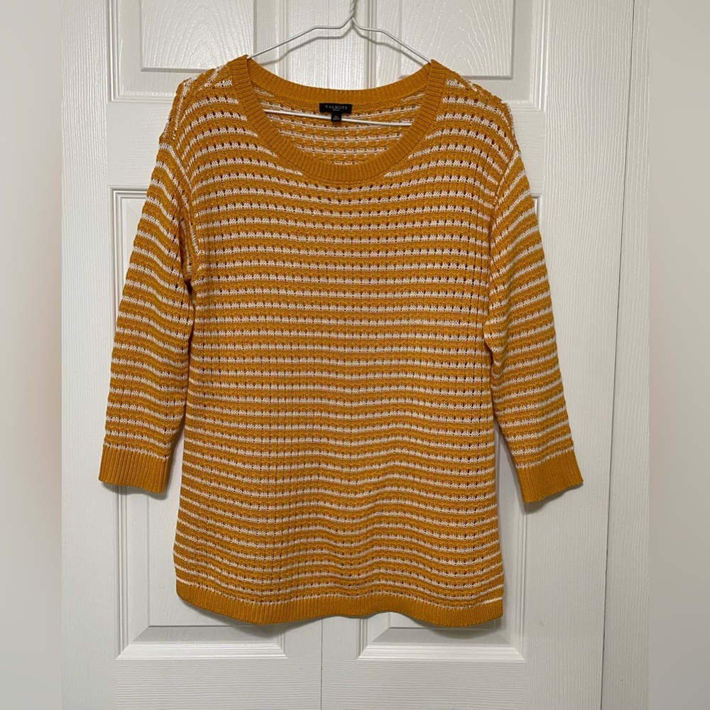 Talbots Mustard and White Striped Crew Neck Sweater